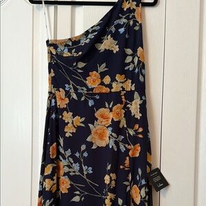 Navy One-Shoulder Floral Dress with Yellow Blooms